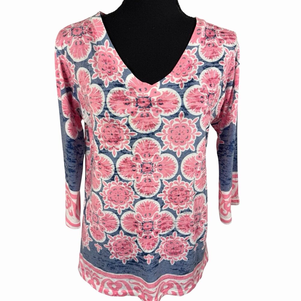 Sundance Before and Again Top Pink Burnout Soft V Neck 3/4 Sleeve USA Made Large
